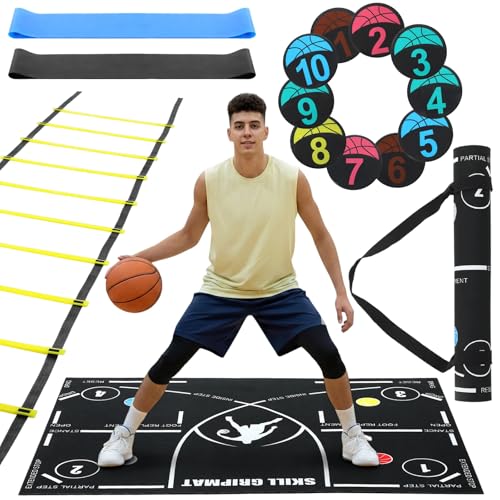 Silipull 15 Pcs Portable Basketball Training Equipment Footwork Training Mat Agility Drill Mat Non-slip Basketball Practice Aids for All Levels to Improve Speed Strength Coordination(47 x 31 Inches)