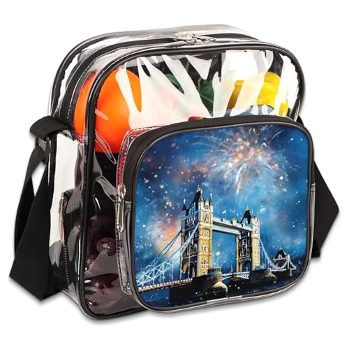 Clear Crossbody Bag Stadium Approved London Bridge Transparent Bag for Festivals, Sports Events, Concerts,Beach Bag for Women Men Clear Purse with Front Pocket Messenger Bag with Adjustable Strap
