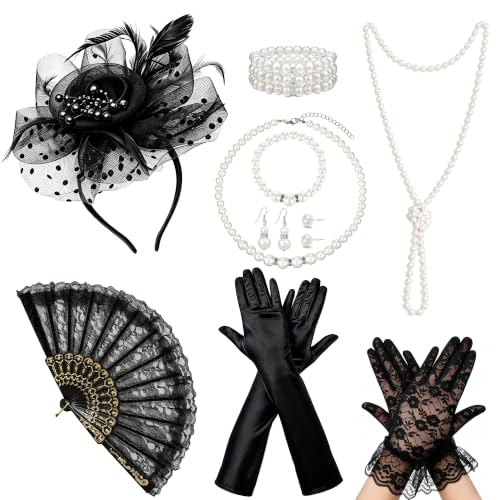 Vieyomn Tea Party Accessories for Women Fascinator Hats Lace Gloves Fan Pearl Set Halloween Cosplay Tea Party Outfit