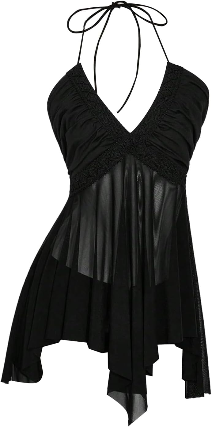 Milumia Women's Ruffle Rave Top Y2k Ruched V Neck Halter Backless Flowy Festival Country Tops