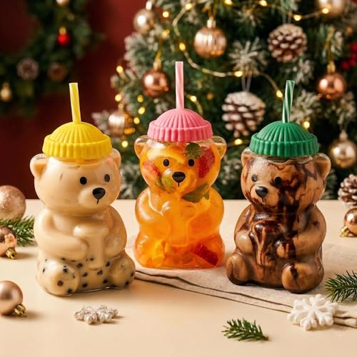 Image of New Glass Bear Straw Cup 600ML Cute Bear Glass Tumbler with Reusable Straw - Viral Animal Design for Smoothies, Boba & Iced Coffee (Yellow)