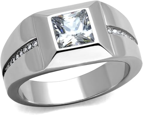Marimor Jewelry Mens Stainless Steel 316 Cushion Cut Cubic Zirconia Flush Setting Ring