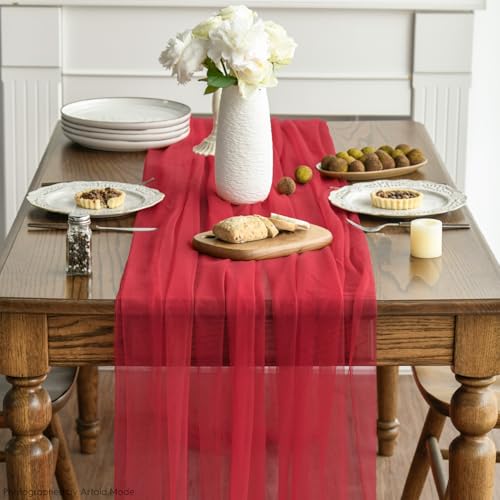 Artoid Mode Red Gauze Table Runner 120 Inch 10FT, Seasonal Sheer Kitchen Dining Holiday Wedding Birthday Baby Shower Table Decor for Home Party by Artoid Mode - Image 3