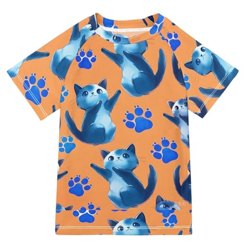 ALAZA Kids Rash Guard Boys Toddler Swim Shirts Short Sleeve Kitten Orange UPF 50+ 3T