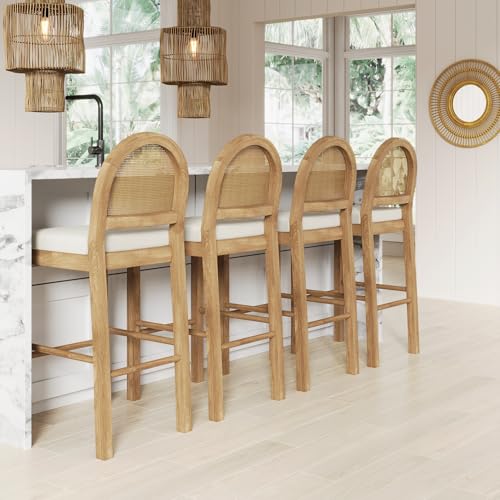 Image of Nathan James Bailey 29 in. Boucle Bar Stool with Back, Bar Height Chair with Natural Woven Rattan Back and Solid Wood Legs, Light Brown, Set of 4