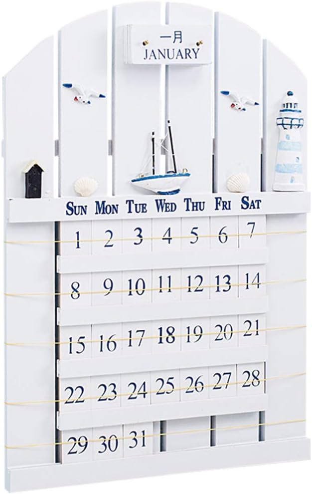 IMIKEYAWooden Block Calendar Perpetual Wall Calendar Retro Mediterranean Wood Calendar Nautical Wall Hanging Decoration Ornament White