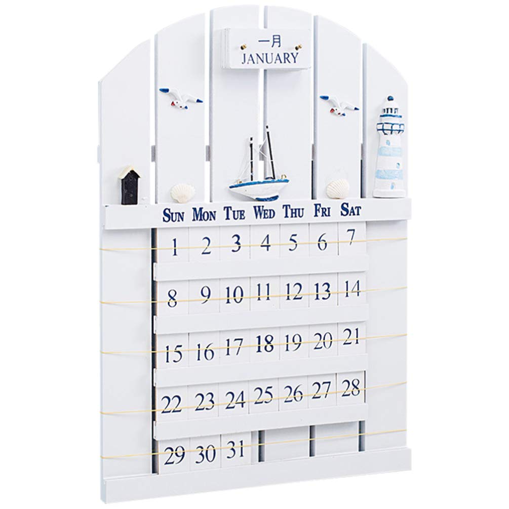 IMIKEYAWooden Block Calendar Perpetual Wall Calendar Retro Mediterranean Wood Calendar Nautical Wall Hanging Decoration Ornament White