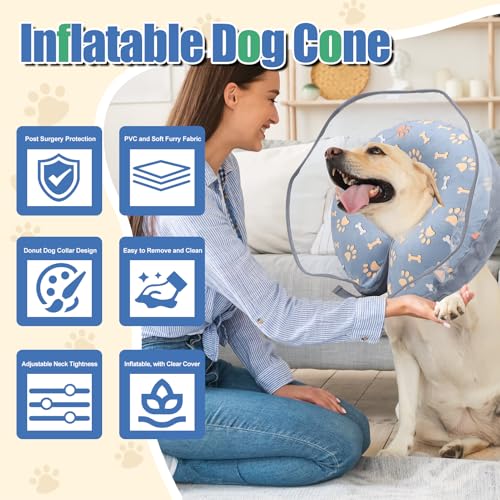 Image of Inflatable Dog Cone Collar, Adjustable Size Soft PVC 2-in-1 Dog Donut Collar After Surgery with Detachable, Inflatable Collar for Small Medium Large Dogs and Cats (Grey, Medium)