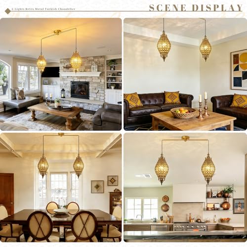Image of 2-Light Linear Pendant Retro Metal Hanging Chandelier Brushed Brass