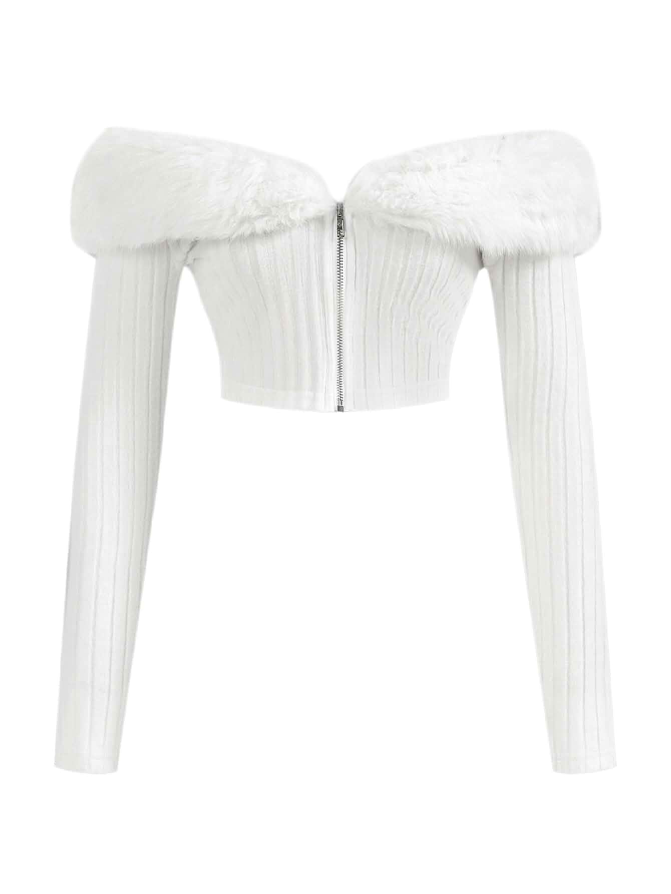 WDIRARA Women's Faux Fur Off Shoulder Crop Coat | Zip Up, Fuzzy, Long Sleeve, Knitted Outfit