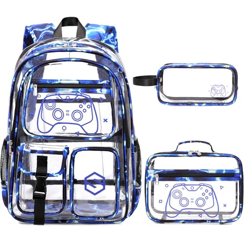 DIGOBAY 3PCS Cool Luminous Clear Backpack for Boys Kids Gamer Clear Bookbag for School See Through PVC Transparent Backpacks with Lunch Bag Pencil Case Backpack Heavy Duty for School Stadium