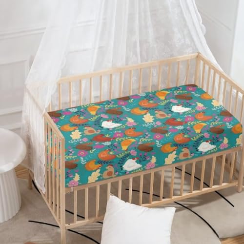 Image of Rooster Hen Baby Crib Sheets Neutral Nursery Bedding Sets Soft&Comfortable Fitted Sheet for Baby and Toddler Beds Crib Covers Safe and Breathable