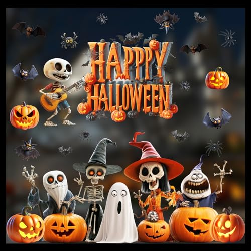 Zindoo Decoração de janela de Halloween 90 x 40 cm, 19 peças, autocolantes Halloween, estampados por ambos os lados autocolantes eletrónicos infantis para janelas portas espelhos frigoríficos