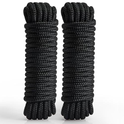 Image of 2 Pack 1 /2 inch x 20' Boat Dock Lines for Boat & Pontoon, Premium Marine- Grade Double Braided Nylon Boat Lines, Pre-Spliced with a 12 inch Eyelet-Black,Boating Gifts for Men.
