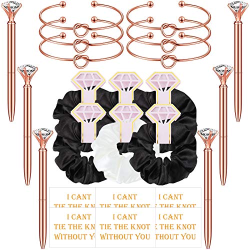 6 Sets Bridesmaid Proposal Accessory Sets Bridesmaid Scrunchies Hair Ties Rose Gold Diamond Pen Love Knot Bracelets with Bridesmaid Cards Sets for Wedding Parties (White and Black Hair Tie)