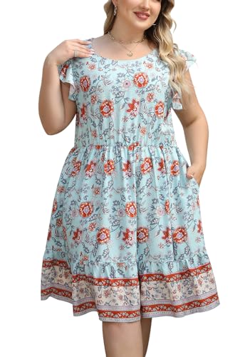 Image of Keluummi Plus Size Midi Dress for Curvy Women Wedding Guest Summer Floral Empire Waist Short Sleeve with Pockets
