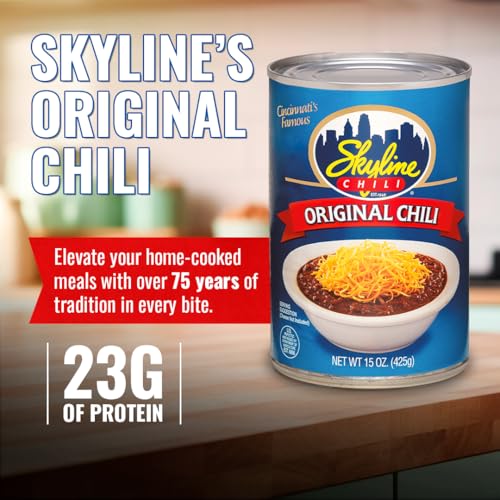 Skyline Chili Canned Chili 15 oz Cans (8-Pack) Authentic Ground Beef Cincinnati Chili with No Beans High-Protein Chili Dog Sauce Hot Dog Chili Coney Sauce Ready to Heat