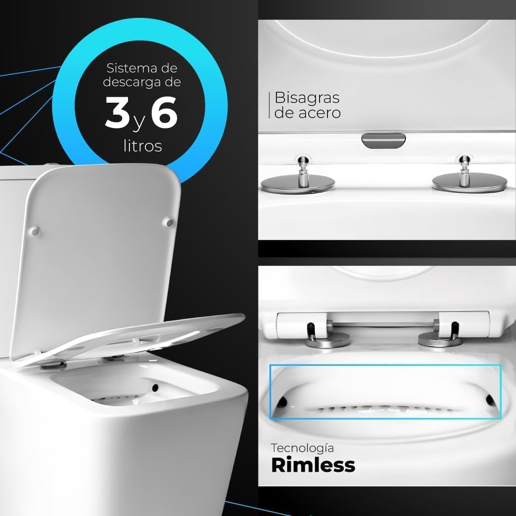 Inodoro Compacto 81x40 Cerámica Rimless WC | Tapa Amortiguada Extrafina Soft Close · Sistema Doble Descarga 3/6L · Salida Dual Horizontal/Vertical