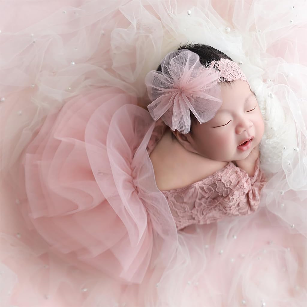 SNOWIE SOFT® Newborn Lace Dress & Headband Set for Infant Girls 0-1 Month, Vintage Tulle Baby Photoshoot Outfit, Soft Lace Romper Dress with Flower Headband, Elegant Newborn Photography Prop.-picture-17