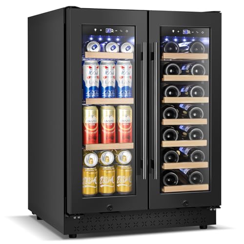 Wine and Beverage Refrigerator with Glass Door, 24-Inch Dual Zone Wine Fridge Under-Counter,4.6 Cu.Ft. 65 Cans and 20 Bottles Wine Cooler,Built-in or Freestanding Wine and Drink Fridge with Blue Light