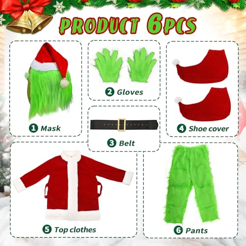 SINSEN Weihnachtsmann Kostüm für Erwachsene 7 Teile Weihnachten Grün Großes Monster Kostüm Erwachsene Weihnachts Cosplay Luxus Weihnachtsmann Anzüge Outfits