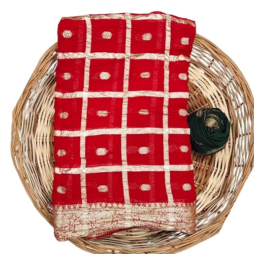 Image of Women's Pure Viscose Georgette Checks Zari Fabric Jaipuri Saree with Matching Blouse