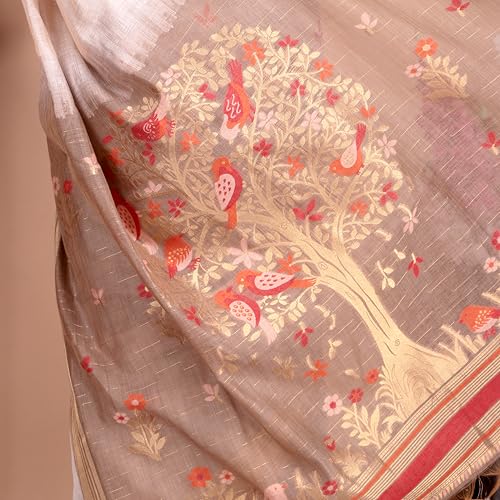 Image of Beige Cotton Saree with Zari Weaving Work and Blouse Piece, Traditional Indian Wear for Women