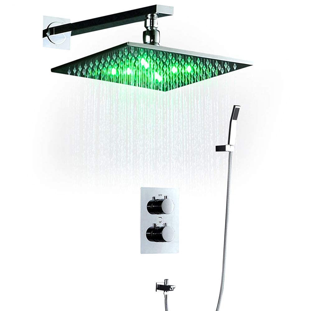 OZBMA Water Tap Bath Shower Systems Led Set,Square Rainfall with Handheld Spray Chrome Finish, Bathroom Wall Mounted Tatic Saving Head