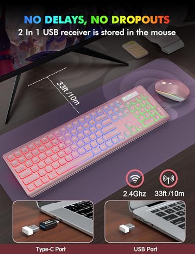 Image of Wireless Keyboard and Mouse Combo, RGB Backlit, Trueque KM42Pro | RGB Rainbow Backlit, Rechargeable Keyboard Mouse, Sleep Mode, 2.4GHz Wireless, Silent Soft Typing, USB-C Adapter