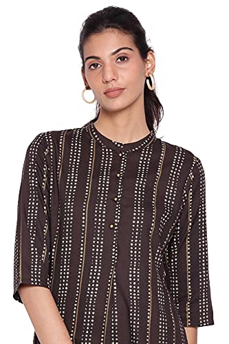Image of W for Woman Black Mandarin Collar Striped A-line Kurta