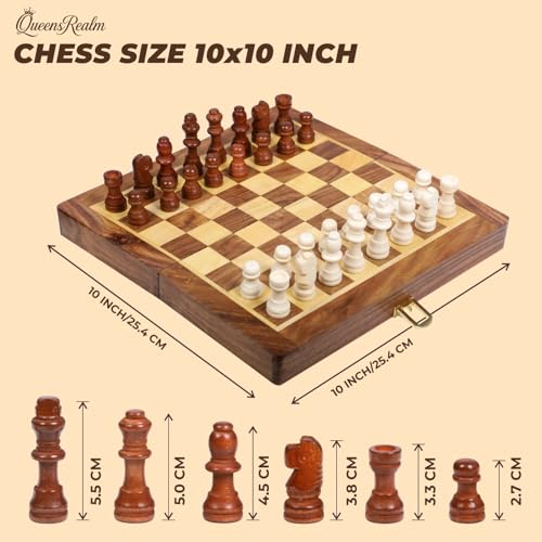 Image of QueensRealm 10 Inch Sheesham Chessboard - Premium Handmade Magnetic Chess Board Set with Magnetic Pieces | Foldable Chessboard for Kids and Adults for Indoor Outdoor Chess Set (10 x 10 Inches)