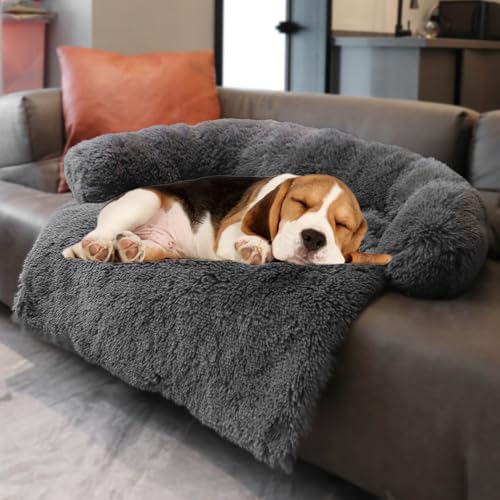 Image of Calming Dogs /Cats Bed Mats, Dog Pad Washable Removable Couch Cover, Plush Long Fur Mat for Pets, Waterproof Lining, Perfect for Small, Medium and Large Dogs and Cats (Dark Gray, 36 inchx31 inch)