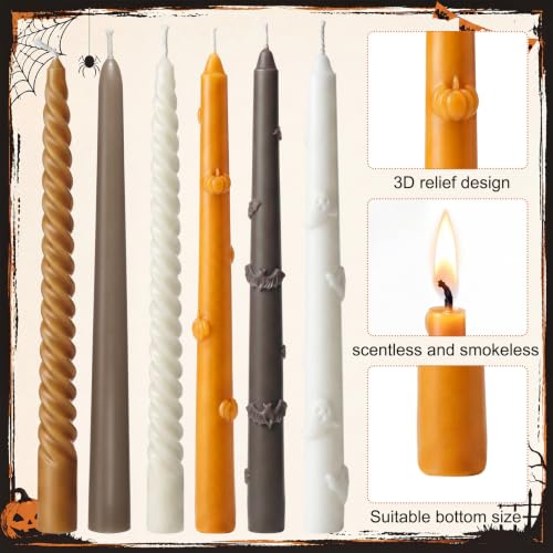 Image of Threlaco 6pcs Halloween Taper Candle Set 9.8 Inch Gothic Decorative Pumpkin Ghost Bat Design Dinner Candles with 3D Embossed for Party Gift Home Decor Long Unscented Dripless Thanksgiving Table Window