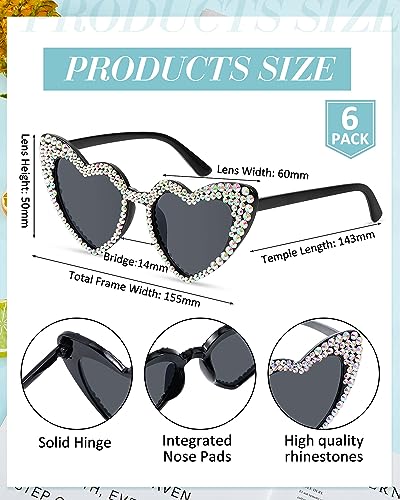 Kanayu 6 Pairs Heart Rhinestone Sunglasses Women Sunglasses for Bride,Bridesmaid,Wedding,Bachelorette Party(Black)2