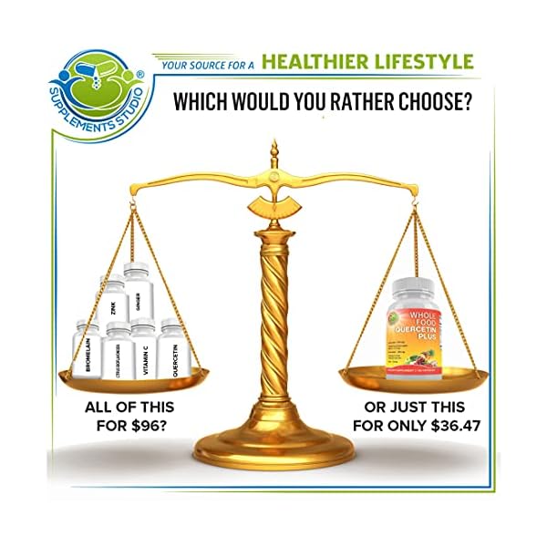 Supplements-Studio-Quercetin-with-Bromelain-Zinc-Vitamin-C-Ginger-Bioflavonoids-Organic-Whole-Foods-Immune-Cardiovascular-Respiratory-System-Support-Natural-Antioxidant-Vegan-Non-GMO180-Caps Quercetin with Bromelain Vitamin C and Zinc with Organic Whole Food Quercetin Blend - 1215mg per serving - Phytosome Quercetin 500mg, Ginger and Flavonoids for Immune & Respiratory Support - 180 count