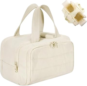 Large Capacity Wide-Open Travel Cosmetic Bag, 4-in-1 Waterproof Portable Puffy Makeup Bag, Dry-and-Wet Separation with 4 Compartments Beige