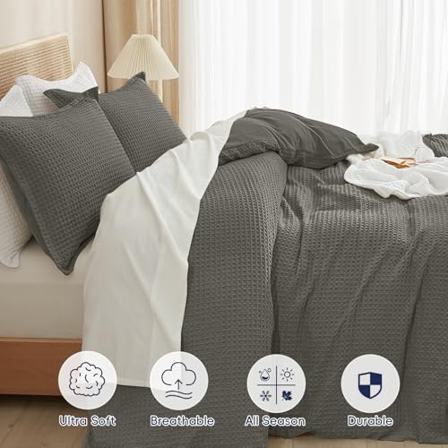 Image of PHF Waffle Weave Duvet Cover Set Queen Size, No Snagging Ultra Soft Luxury Textured Breathable Comforter Cover for All Season 3pcs, Durable Bedding Duvet Set with 2 Pillow Shams, 90 inchx90 inch, Grey
