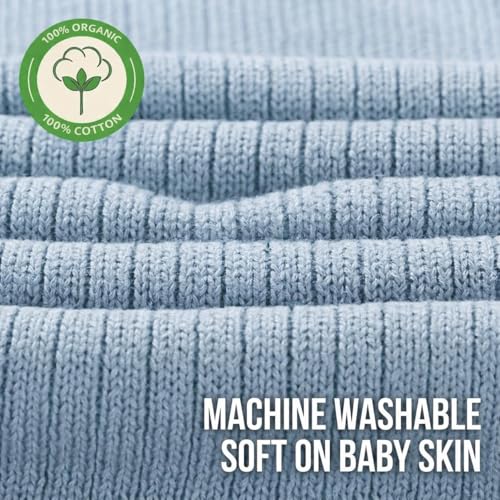 Image of 100% Organic Cotton Knit Receiving Baby Blanket for Newborns - Soft, Breathable Blanket for Crib & Stroller - Nursery Gift 2-Pack (Ribbed Ivory & Baby Blue)