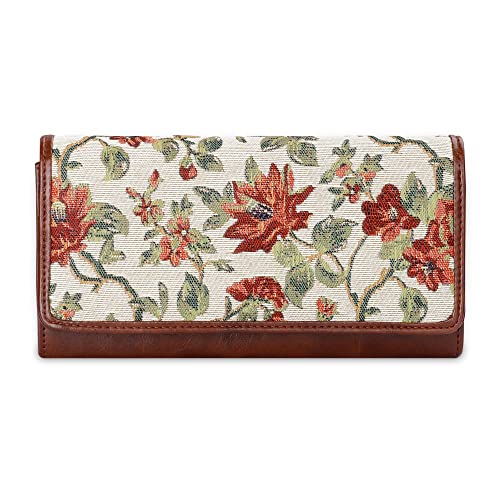 Image of THE CLOWNFISH Sharon Collection Tapestry Fabric & Faux Leather Snap Flap Closure Womens Wallet Clutch Ladies Purse with Multiple Card Holders (Off White-Floral)
