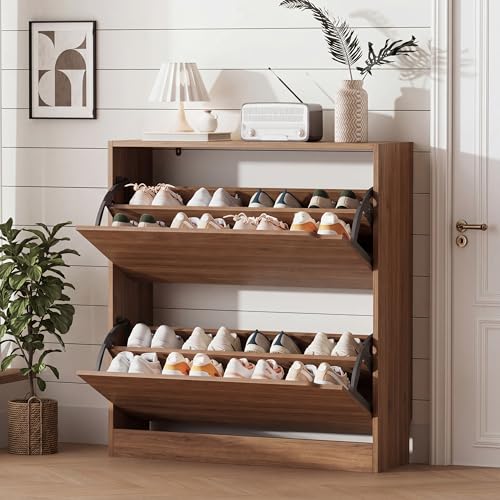 Image of Xixini Shoe Storage Cabinet for Entryway with 2 Flip Drawers, Wood Freestanding Hidden Shoe Storage, Narrow Slim Sturdy Shoe Organizer for Front Door Entrance, Living Room, Hallway, Bedroom, Walnut