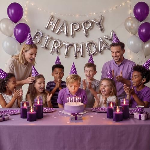Image of Homemory Purple Glass Flameless Candles, Battery Operated LED Pillar Candles with Remote Control and Timer, Radiance Candles, Real Wax, Set of 3,D3 xH4 5 inch 6 inch