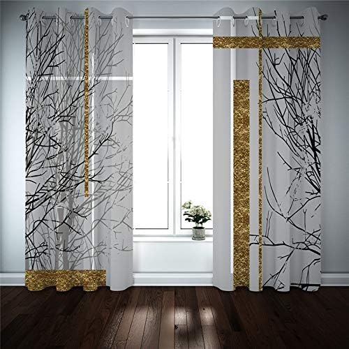 YELDAN Branch Blackout Curtains 72 Length, Golden Stripes Curtains for Living Room