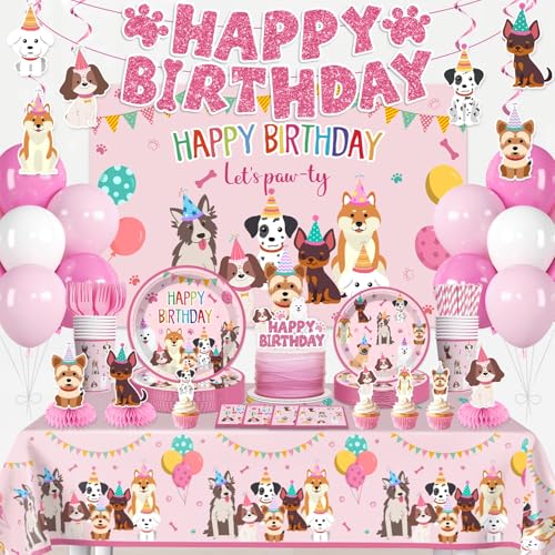 Cocomigo Dog Birthday Decorations 230 Pcs Puppy Birthday Party Decorations Set with Backdrop 2 Tablecloths Plates Napkins Balloons & Banner All-in-One Dog Party Supplies Serves 25