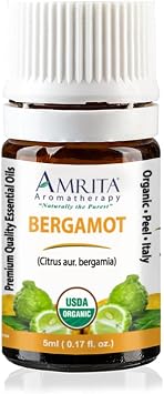 Amrita Aromatherapy Organic Bergamot Essential Oil; 100% Pure and Undiluted Citrus AUR. bergamia; Premium Quality Aromatherapy Oil; Tested and Verified, Size 5mL 0.17 Fl. Oz.