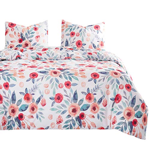 Wake In Cloud B0507-BZ3-T(M) Floral Comforter Set, Watercolor Flowers Leaves Botanical Plant Cottagecore Aesthetic cover