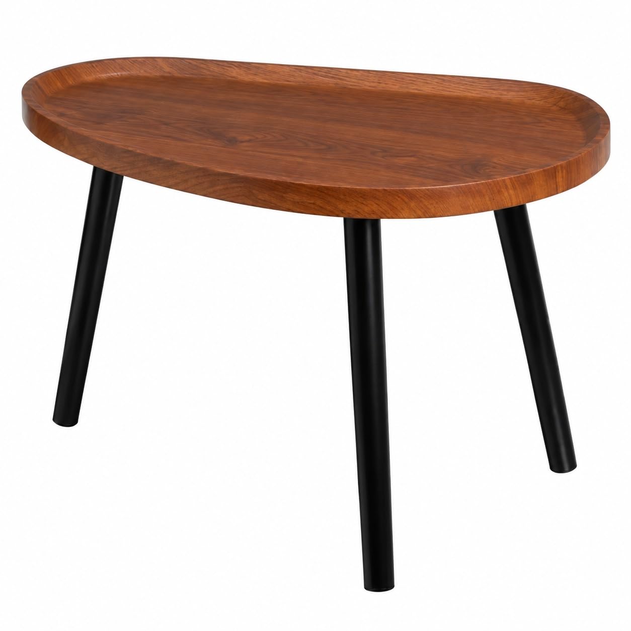 Table Basse Organique en MDF Effet Noyer à Bord Surélevé et 3 Pieds en Pin Noir,Forme Haricot - Longueur 60 x Profondeur 40 x Hauteur 39 cm