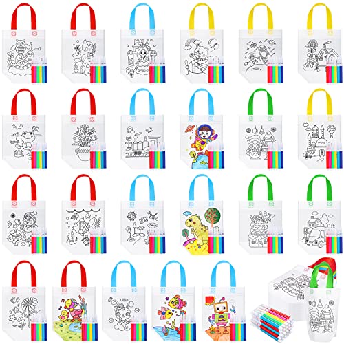 Chunful 24 Pcs Coloring Goodie Gift Bags for Kids Birthday Party with 120 Makers, Reusable Coloring Tote Bags Cute Cartoon Party Favor Non Woven with Colorful Pens DIY Crafts (Lovely with Maker)