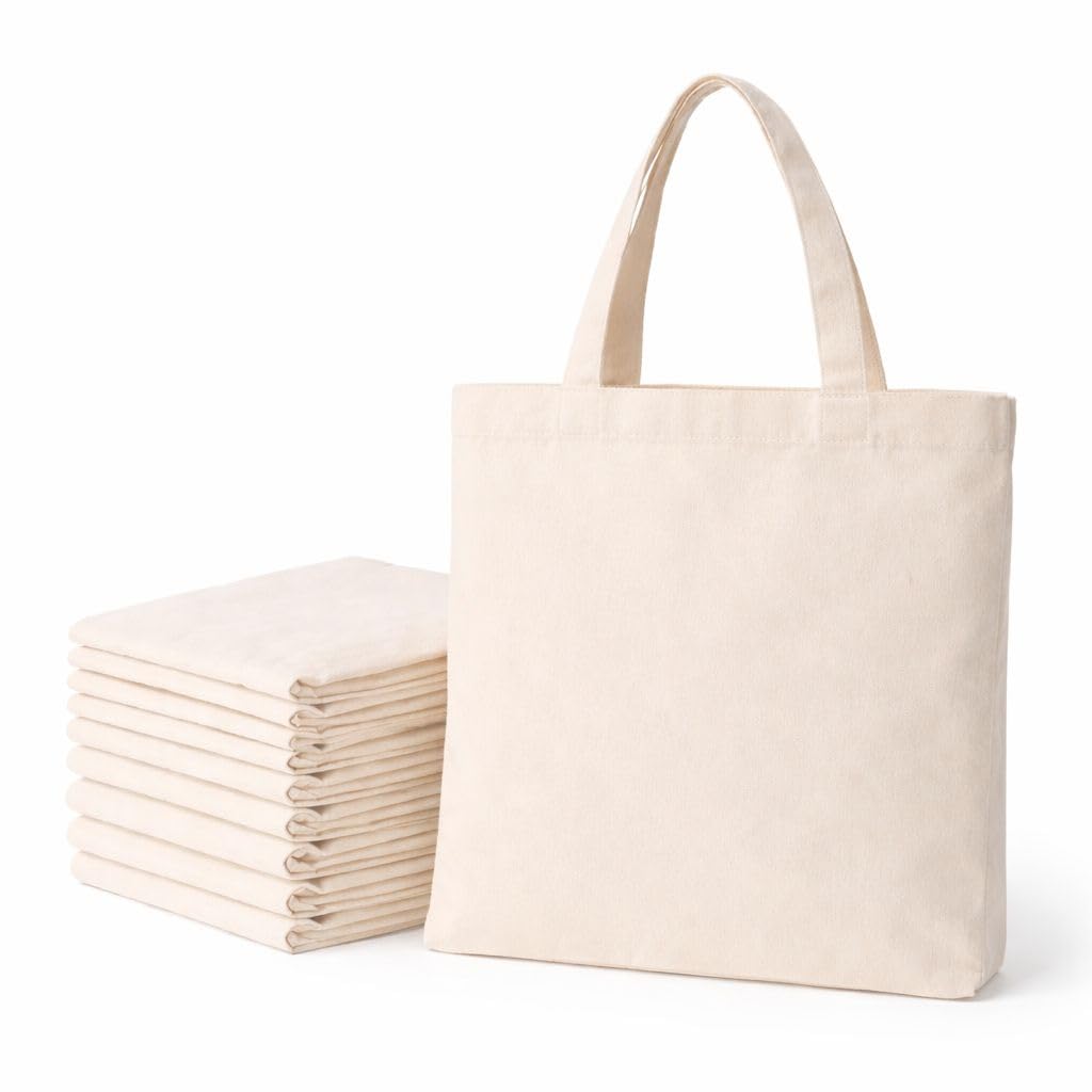 Cotton Canvas Tote Bag Pack of 10 (13.5 x 13.5 Inch) Reusable Plain Cloth Shopping Bags for Grocery, Office, Daily Use, Eco-Friendly Multipurpose Carry Bag