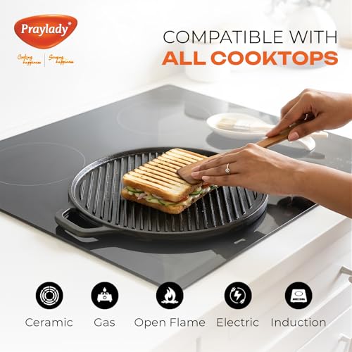 Image of Praylady Cast Iron 2-in-1 Dosa Tawa & Griddle Pan | 30 CM | Pre-Seasoned | Dual Sided Pan for Dosa, Roti, Tofu, Grilling & Searing | No Synthetic Coating | Toxin-Free | Gas & Induction Compatible