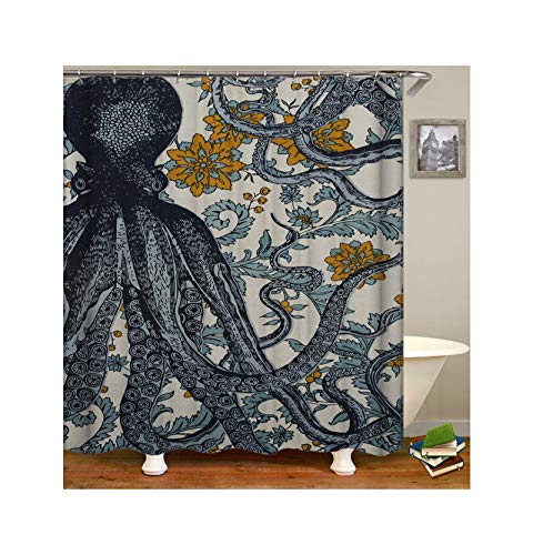 ANAZOZ Duschvorhang Wasserdicht Anti-Bakteriell Anti-Schimmel Badezimmer Vorhänge Waschbar Polyester Große Krake mit Blume Bad Vorhang für Badezimmer Badewanne Grau Und Gelb 180X180CM A14145